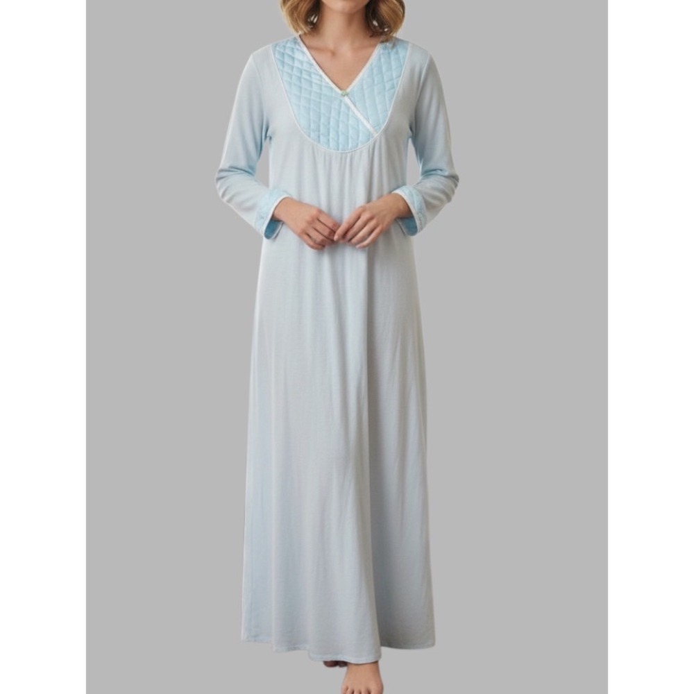 VTG FOURTH EDITION Light Blue FLUFFY KNIT GRANNY NIGHTGOWN Quilted Yoke SIZE L